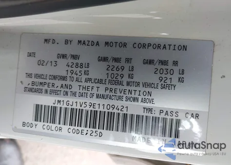 2014 Mazda Mazda6 I Touring z USA, uszkodzony, nr VIN JM1GJ1V59E1109421